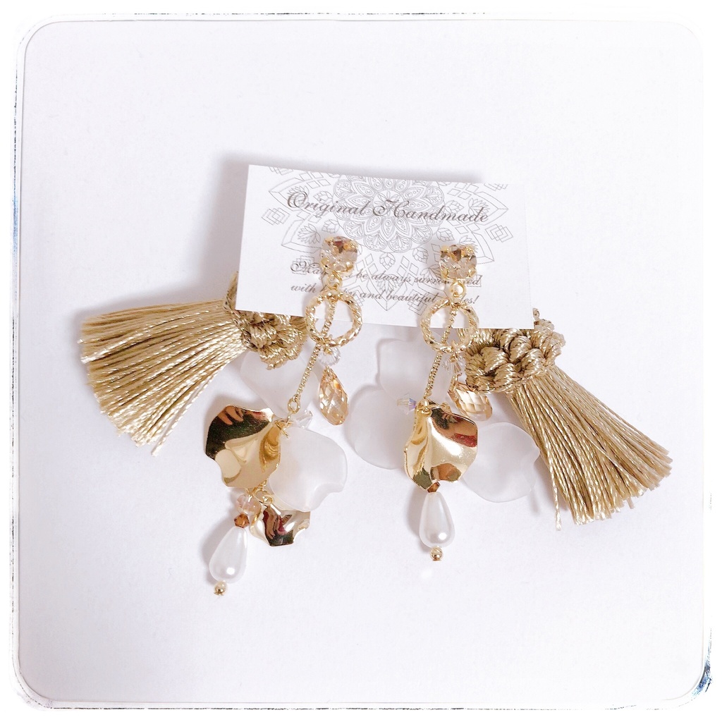 【Fairly Gala】ビジュー＆フラワー タッセル 2wayチェーンピアス - Lightbeige Gold ver.-