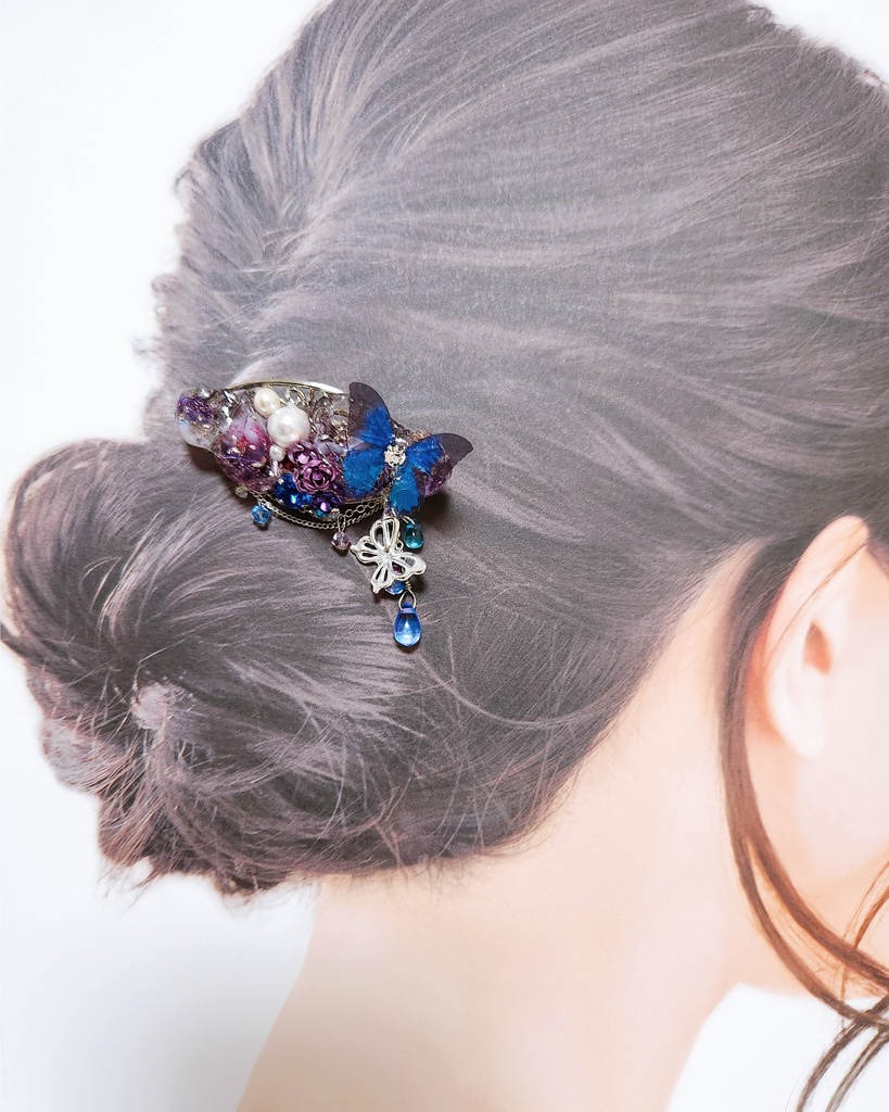 《★再販×3!》【蝶ノ舞】グラデーションパープルの鉱石風 ビジュー ポニーフック