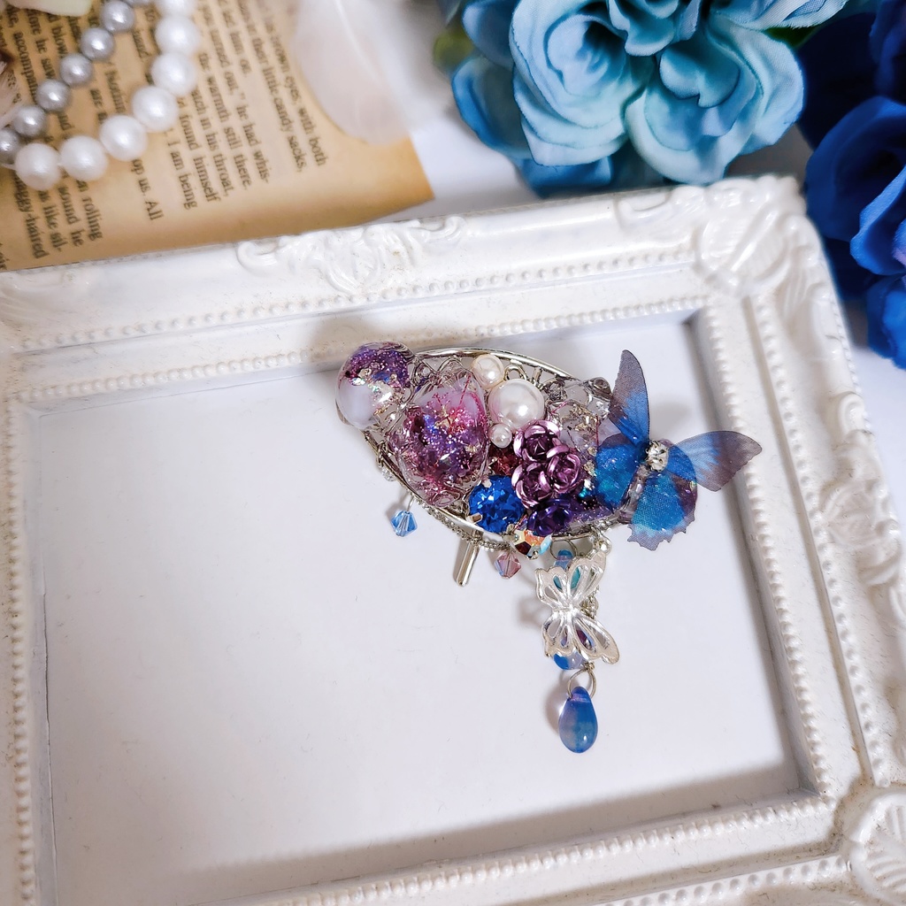 《★再販×3!》【蝶ノ舞】グラデーションパープルの鉱石風 ビジュー ポニーフック