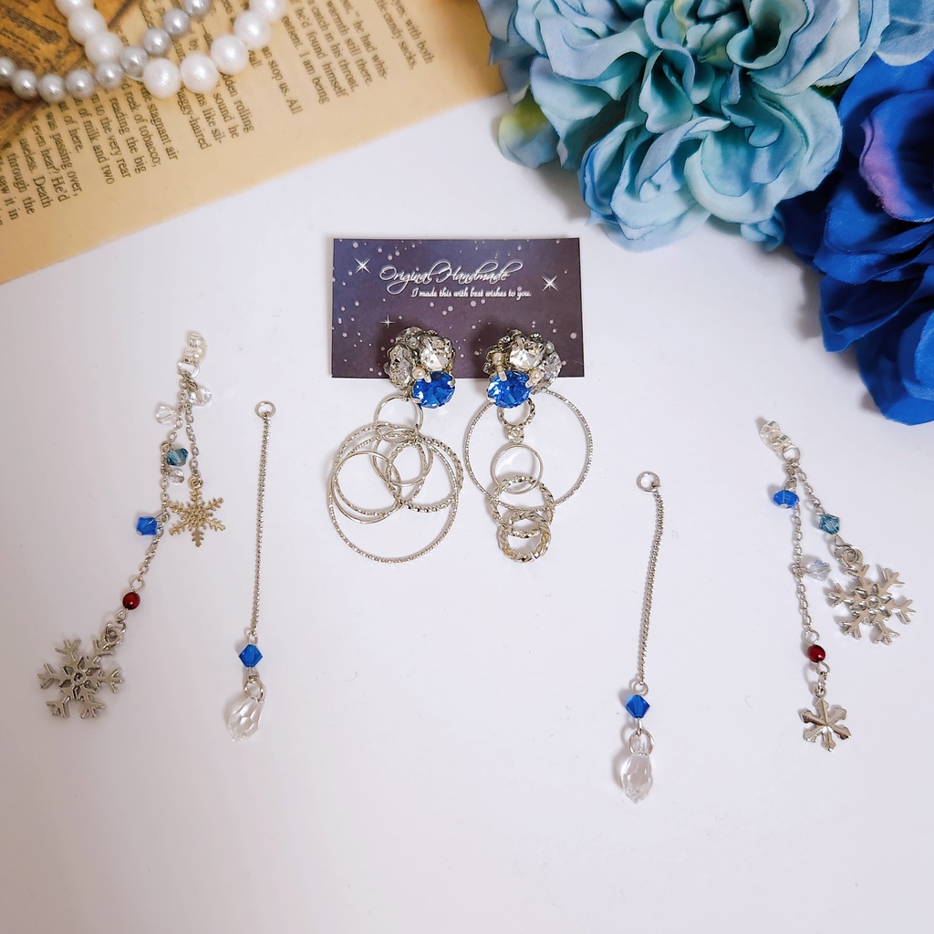 《★再販×4!!》【青銀乱残光】ビジュー&雪の結晶 フープチェーン3wayピアス