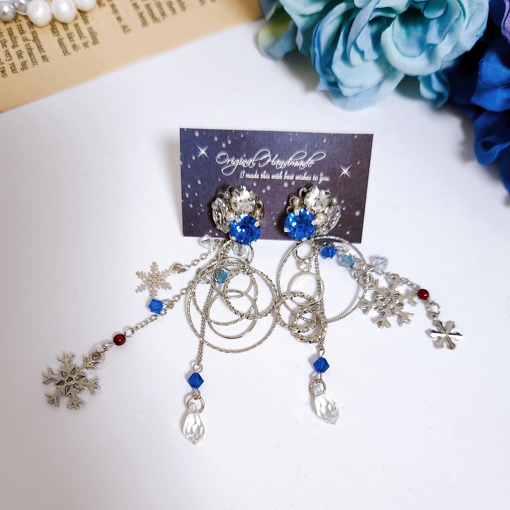 《★再販×4!!》【青銀乱残光】ビジュー&雪の結晶 フープチェーン3wayピアス