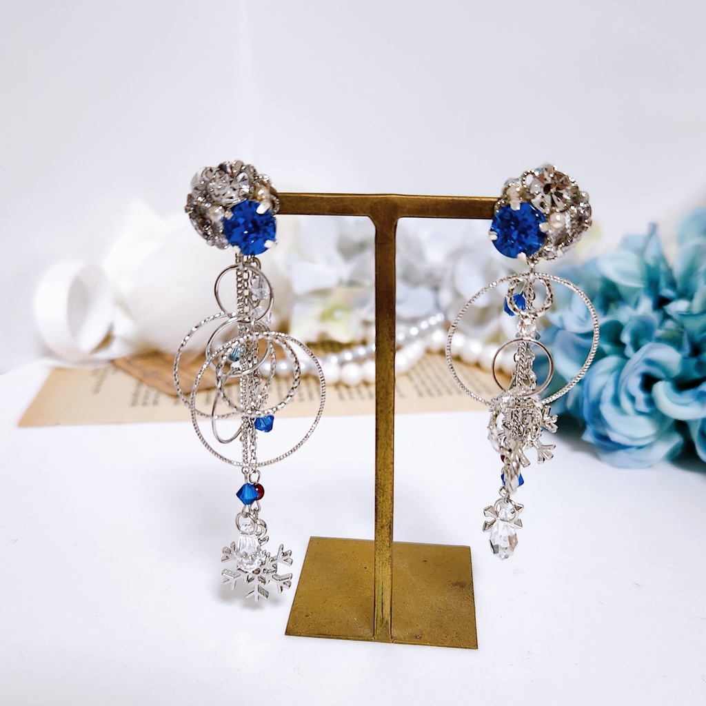 《★再販×4!!》【青銀乱残光】ビジュー&雪の結晶 フープチェーン3wayピアス