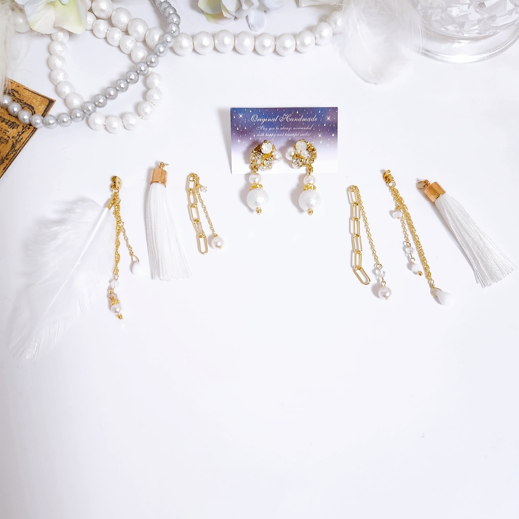 《★再販!!》【白鶴 -舞-】ビジュー&フェザー タッセルチェーン 4wayピアス