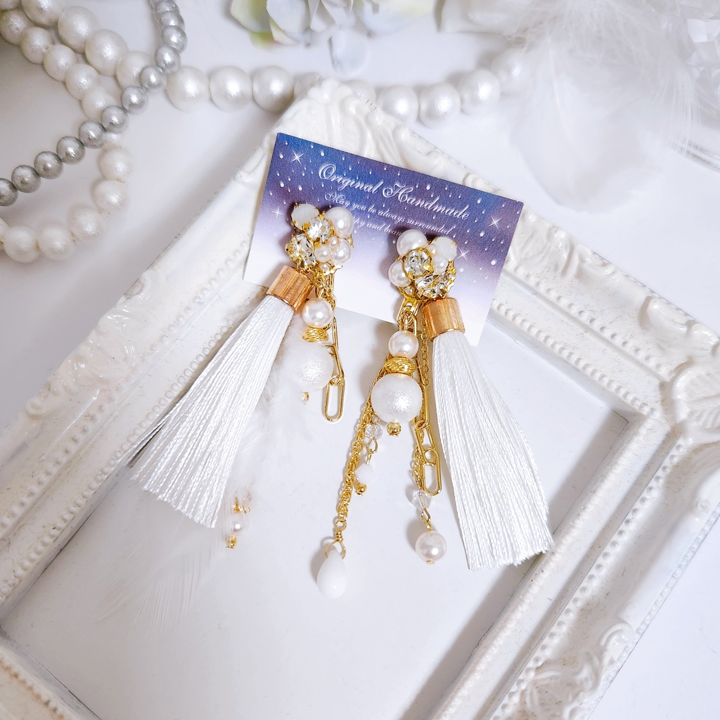 《★再販!!》【白鶴 -舞-】ビジュー&フェザー タッセルチェーン 4wayピアス