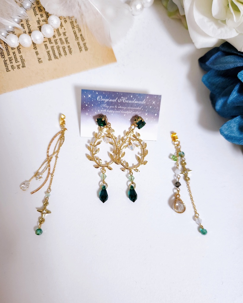 【木枯らし -颪- 】ビジュー&リーフチャーム 2wayチェーンピアス