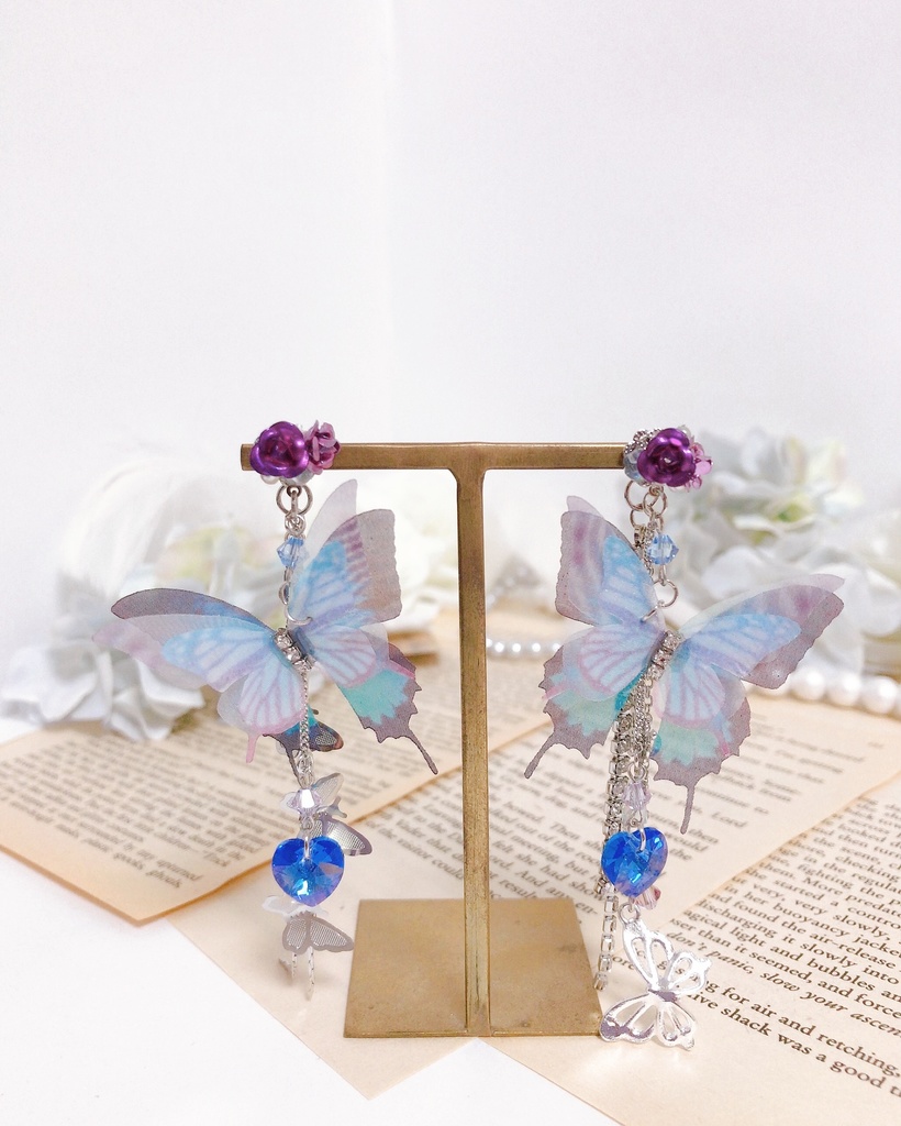 【蝶ノ舞 -Silver ver.-】薔薇&蝶々の2wayチェーンピアス