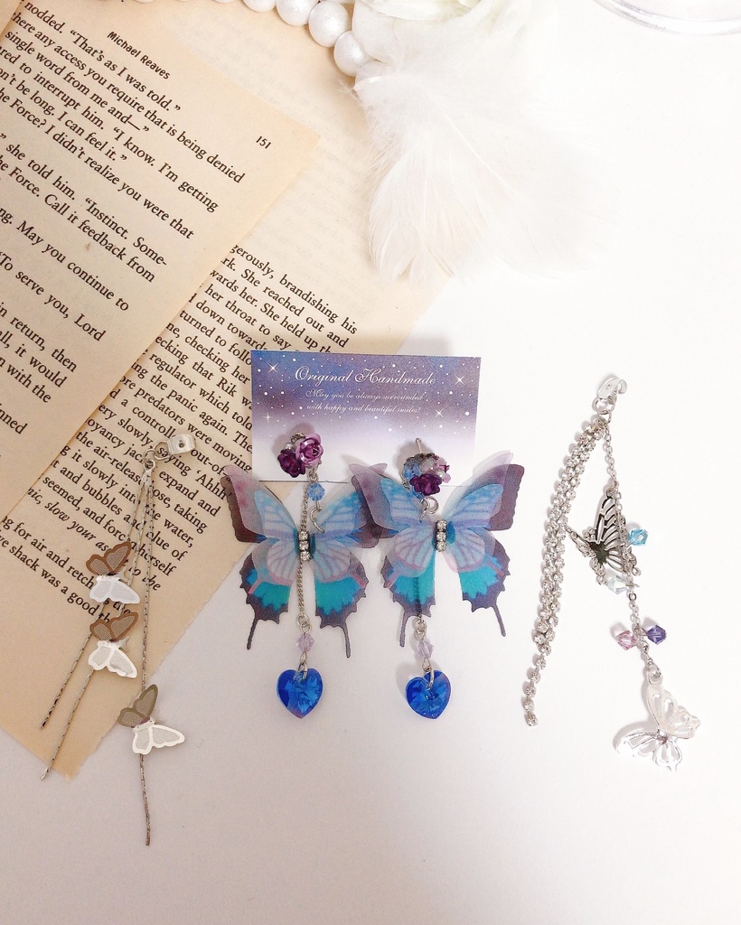 【蝶ノ舞 -Silver ver.-】薔薇&蝶々の2wayチェーンピアス