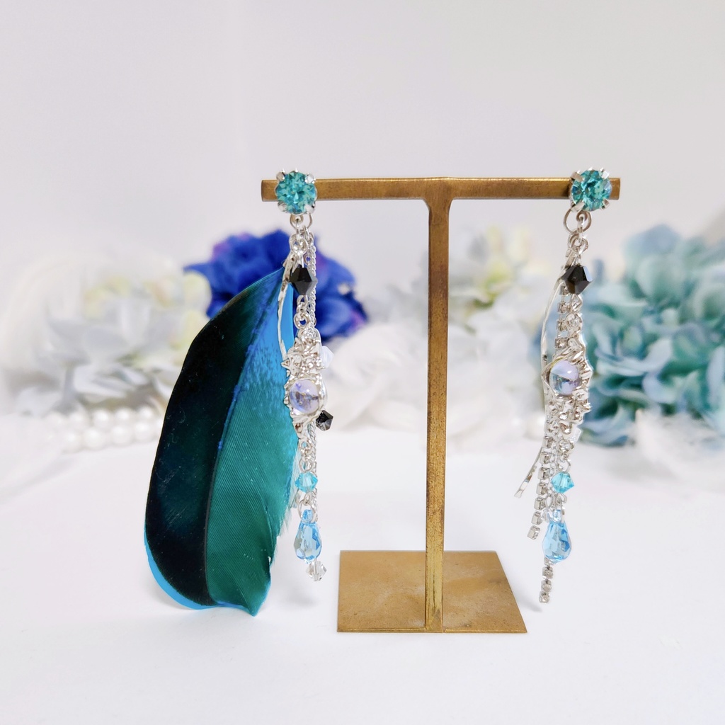 【霞雲の海】ビジュー&フェザー 2wayチェーンピアス