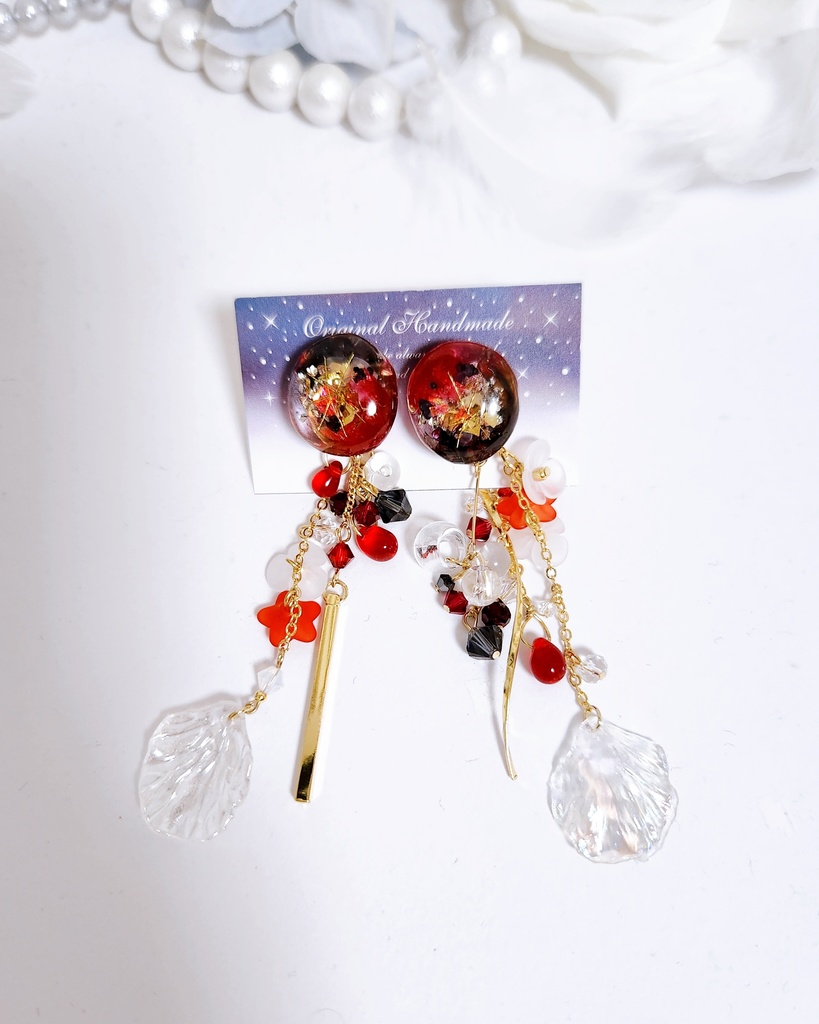 【唐紅 -爽涼- 】鉱石カボション&フラワーチェーン 3wayピアス