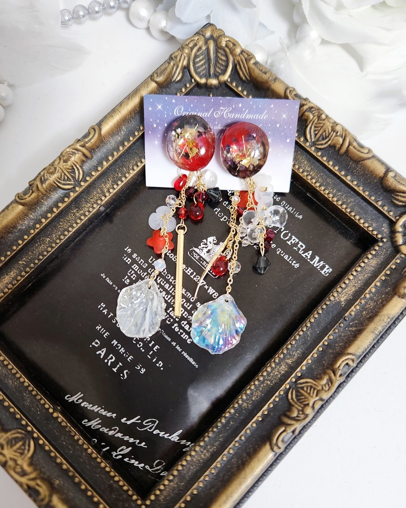 【唐紅 -爽涼- 】鉱石カボション＆フラワーチェーン 3wayピアス