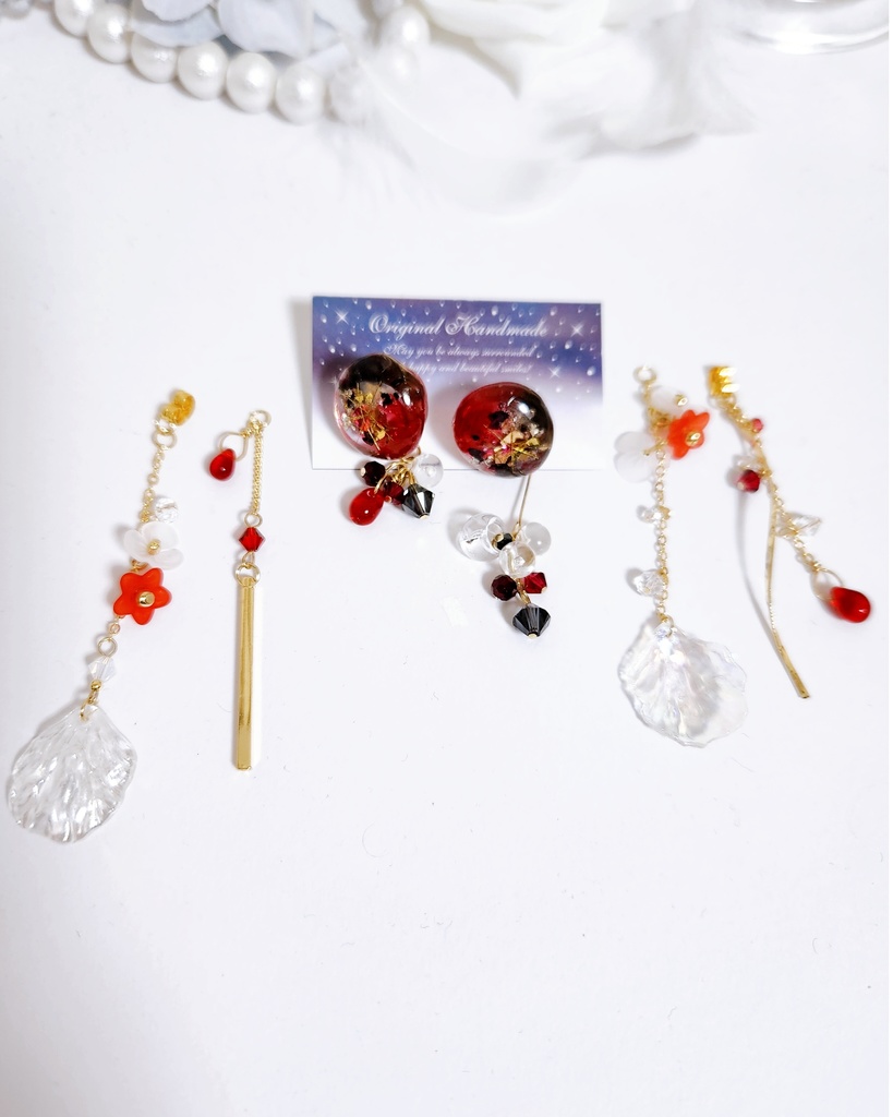 【唐紅 -爽涼- 】鉱石カボション&フラワーチェーン 3wayピアス