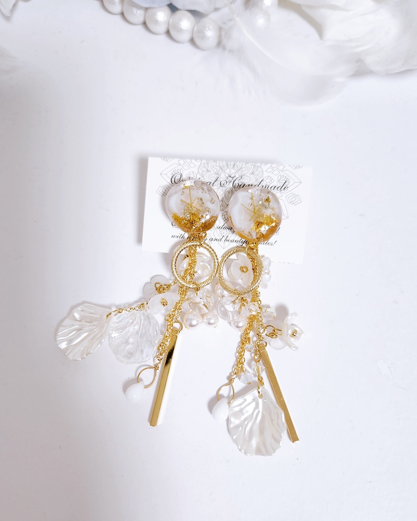 《★再販×3!!》【白鶴 -涼花-】鉱石風カボション&フラワーチェーン 3wayピアス