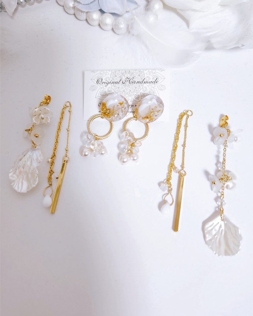 《★再販×3!!》【白鶴 -涼花-】鉱石風カボション&フラワーチェーン 3wayピアス