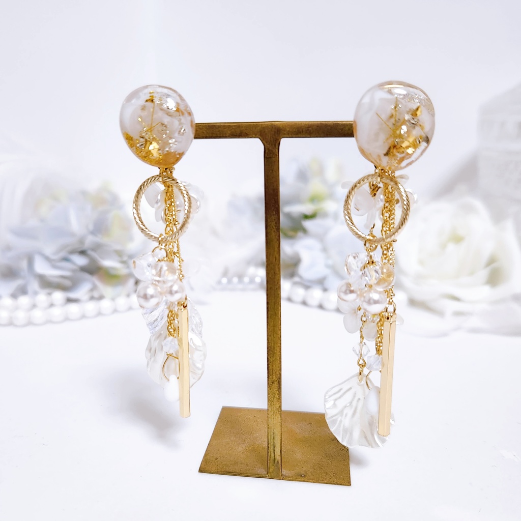 《★再販×3!!》【白鶴 -涼花-】鉱石風カボション&フラワーチェーン 3wayピアス