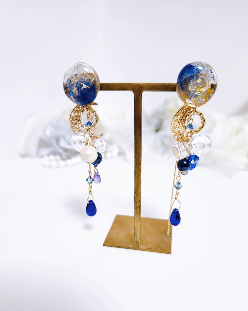 【三日月 -月夜-】鉱石風カボション&ロングチェーン 3wayピアス