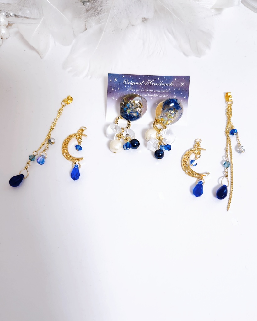 【三日月 -月夜-】鉱石風カボション&ロングチェーン 3wayピアス