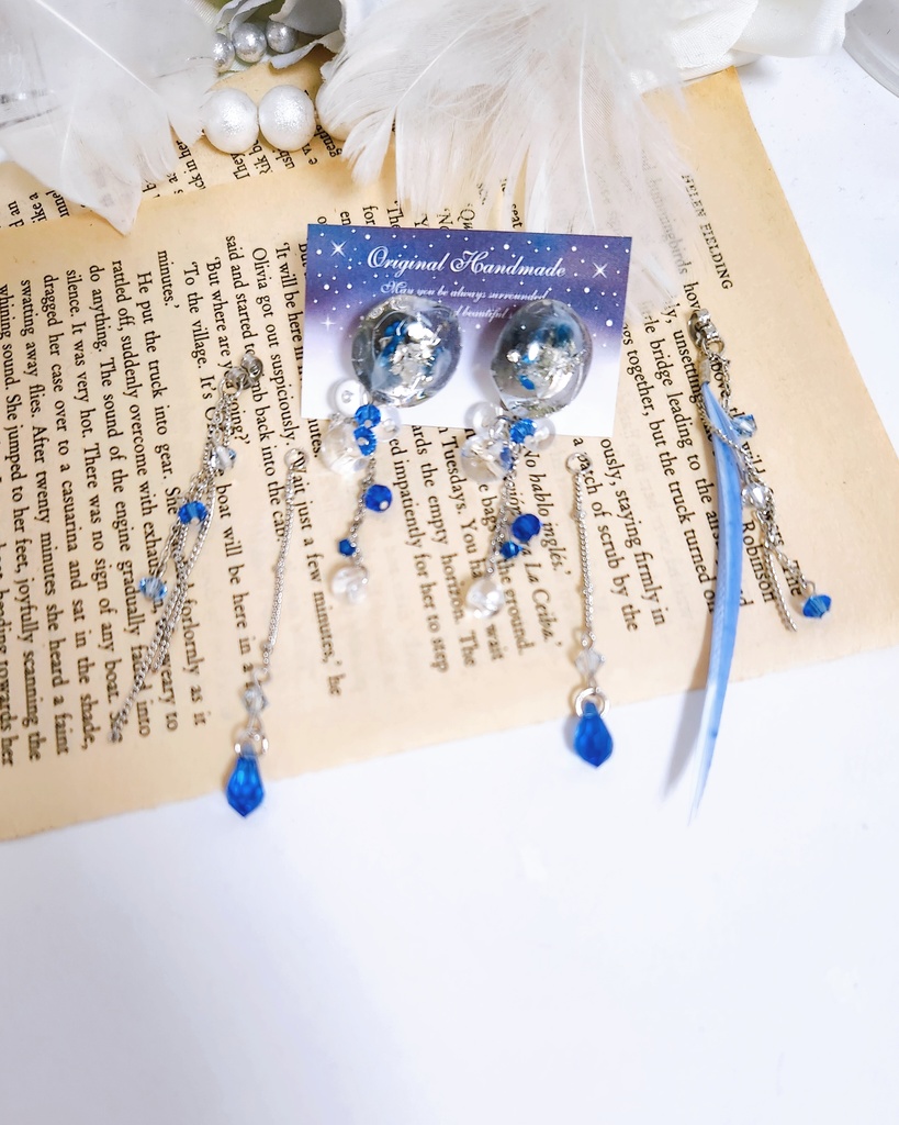 《★再販!!》【伯仲】鉱石風カボション&フェザーチェーン 3wayピアス -Silver blue ver.-