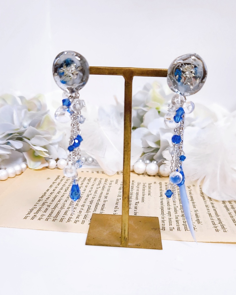 《★再販!!》【伯仲】鉱石風カボション&フェザーチェーン 3wayピアス -Silver blue ver.-