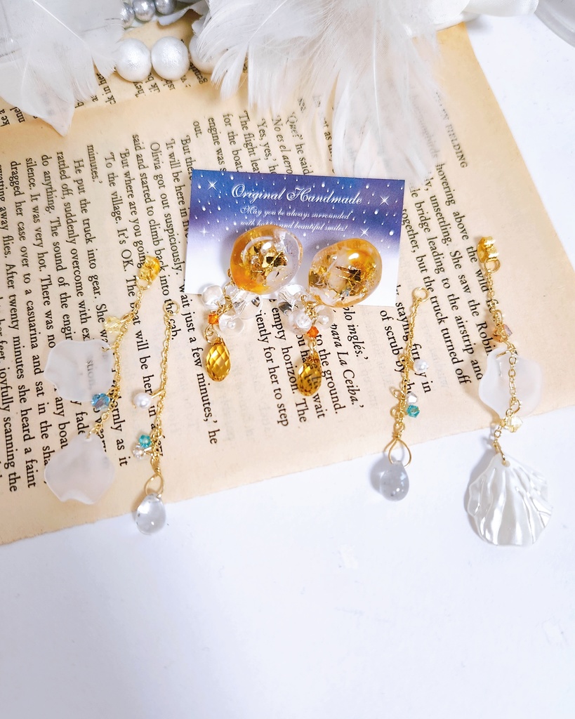 【伯仲】鉱石風カボション&フラワーチェーン 3wayピアス -Gold ver.-