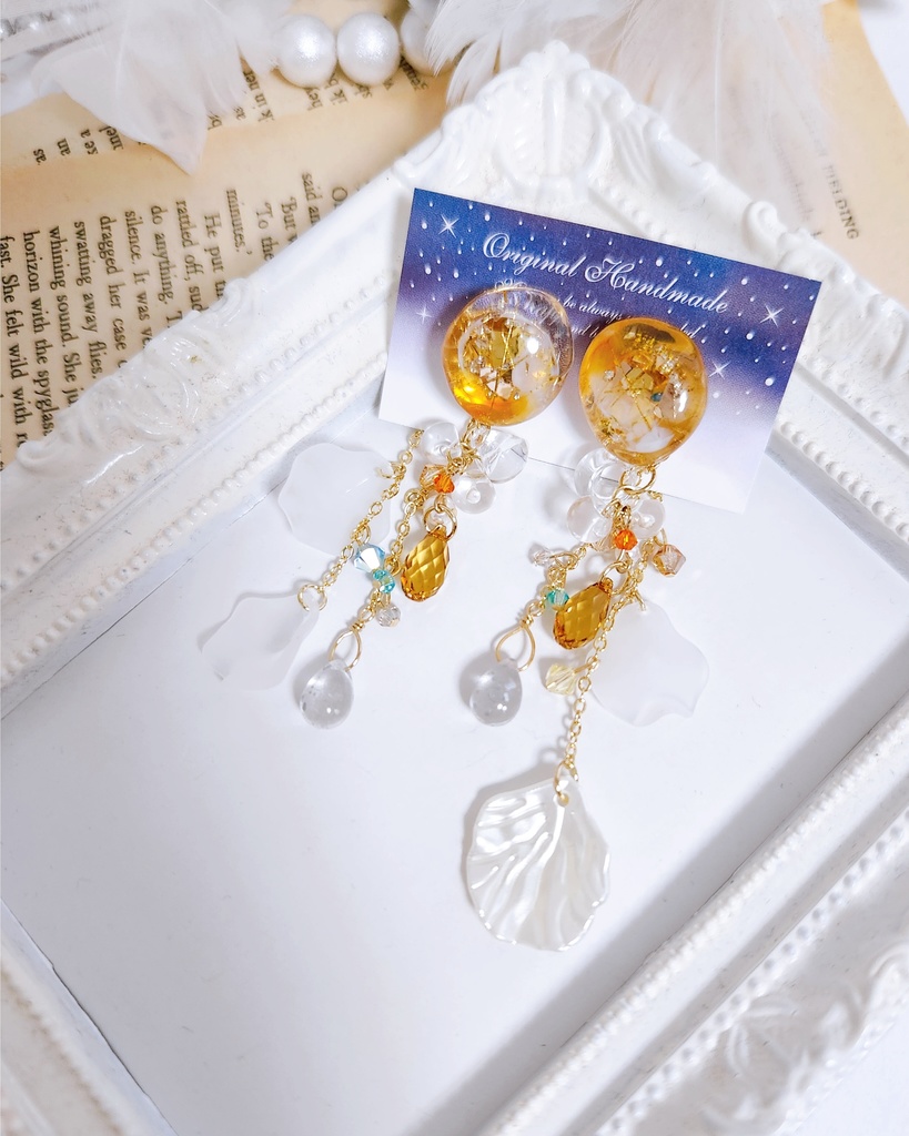【伯仲】鉱石風カボション&フラワーチェーン 3wayピアス -Gold ver.-