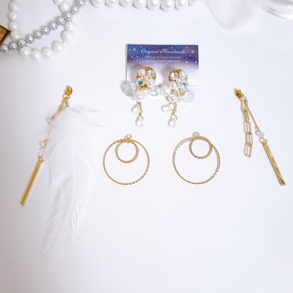 【白鶴 -綺-】ビジュー&フェザー フープチェーン4wayピアス