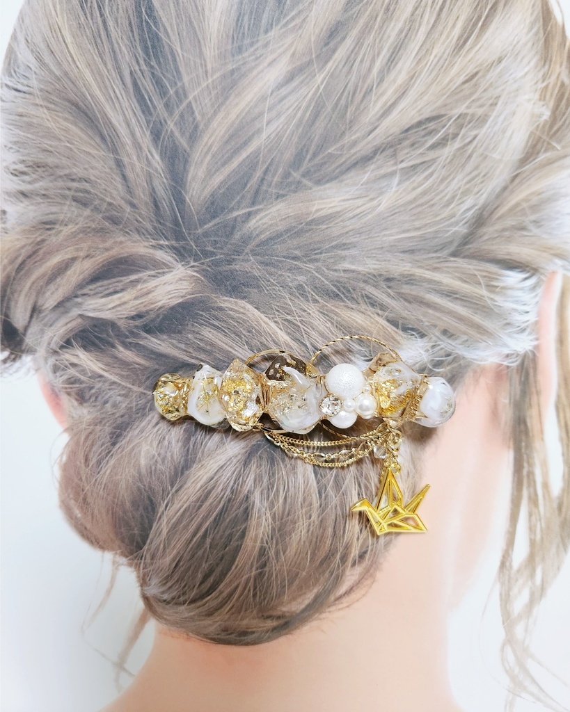 【白鶴 -白雪-】鉱石風ビジューチェーン 2wayバレッタ