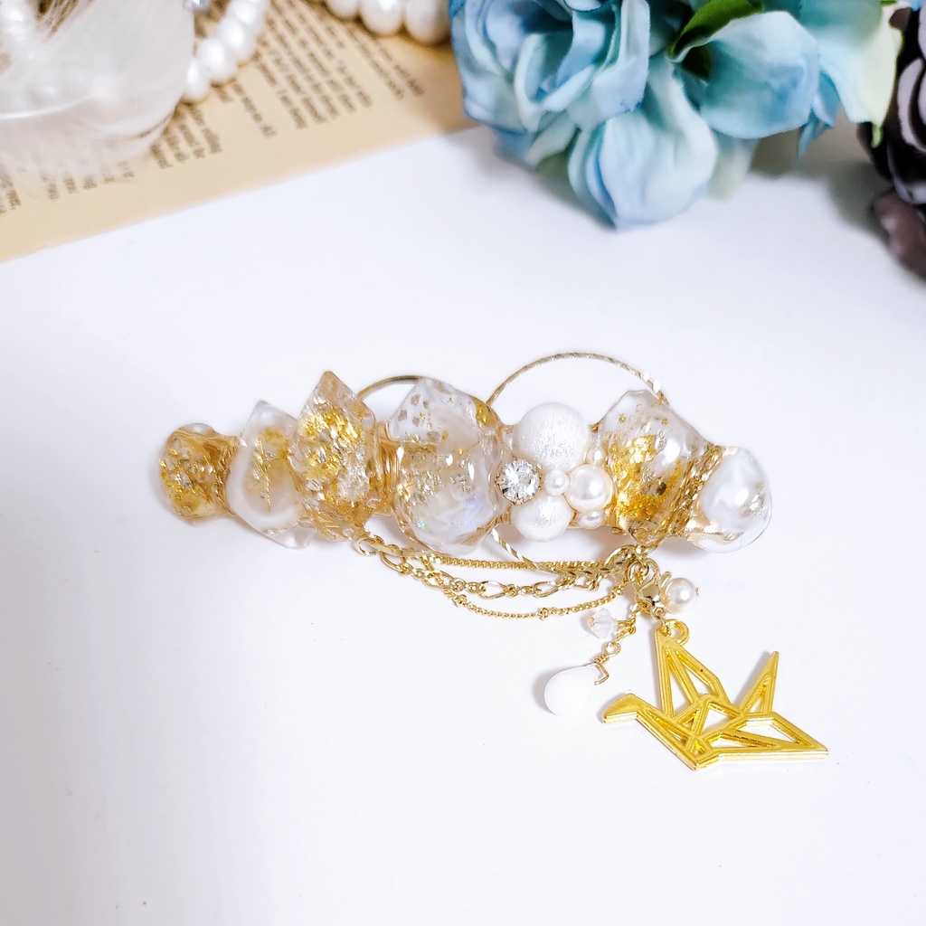 【白鶴 -白雪-】鉱石風ビジューチェーン 2wayバレッタ