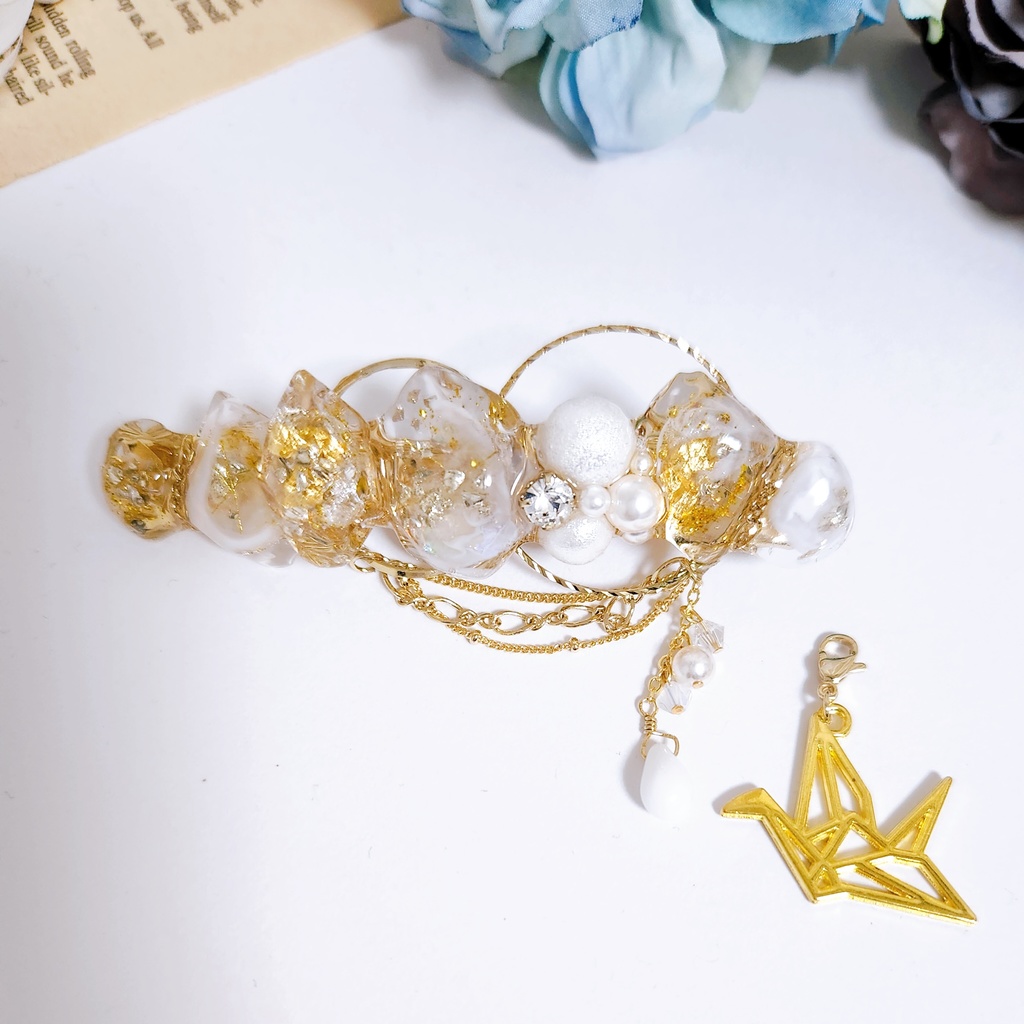 【白鶴 -白雪-】鉱石風ビジューチェーン 2wayバレッタ