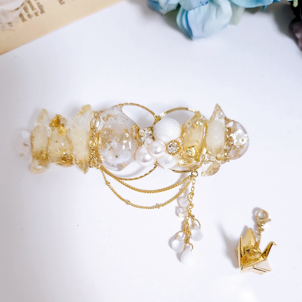 《★再販!!》【白鶴 -淡雪-】氷の鉱石風 ビジューチェーン 2wayバレッタ