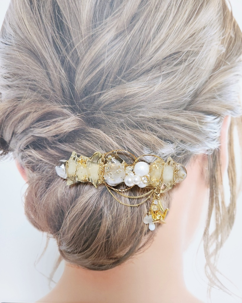 《★再販!!》【白鶴 -淡雪-】氷の鉱石風 ビジューチェーン 2wayバレッタ