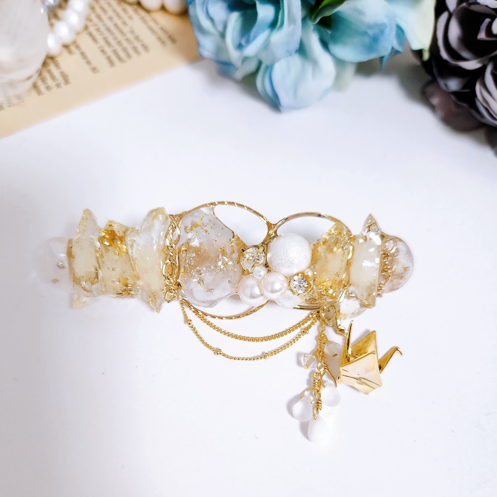 《★再販!!》【白鶴 -淡雪-】氷の鉱石風 ビジューチェーン 2wayバレッタ