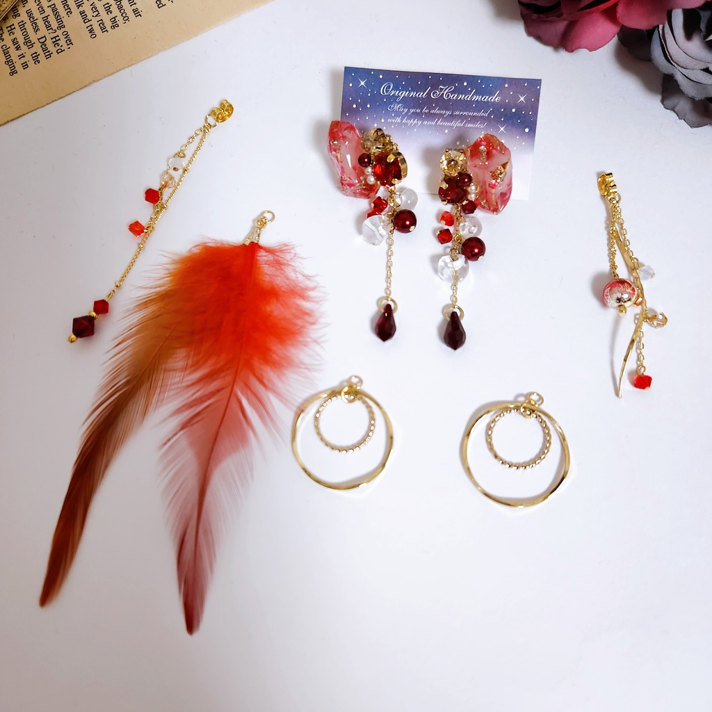 【不知火】氷の鉱石風レジン&ビジュー フェザーチェーン 4wayピアス