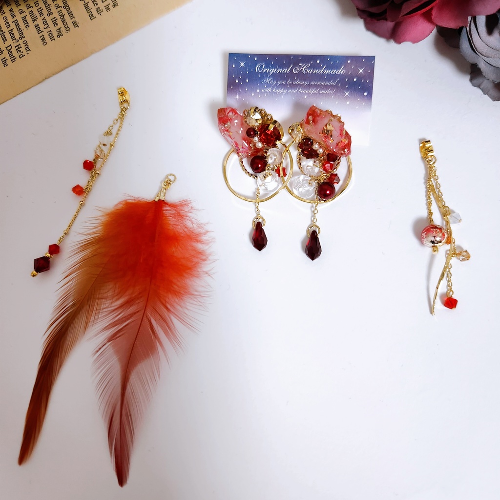 【不知火】氷の鉱石風レジン&ビジュー フェザーチェーン 4wayピアス