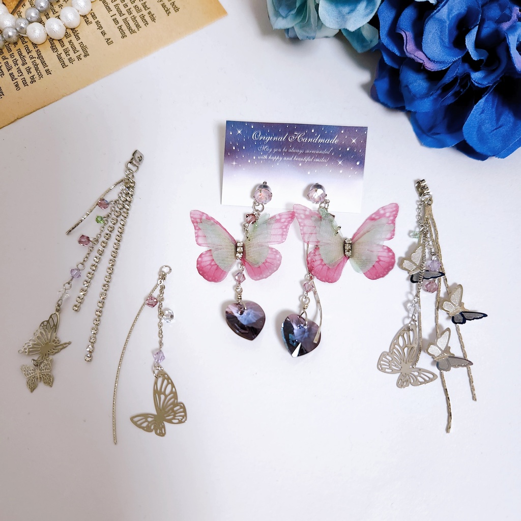 【紅花 - 約束 -】ビジュー&蝶々 3way チェーンピアス -Silver ver.-