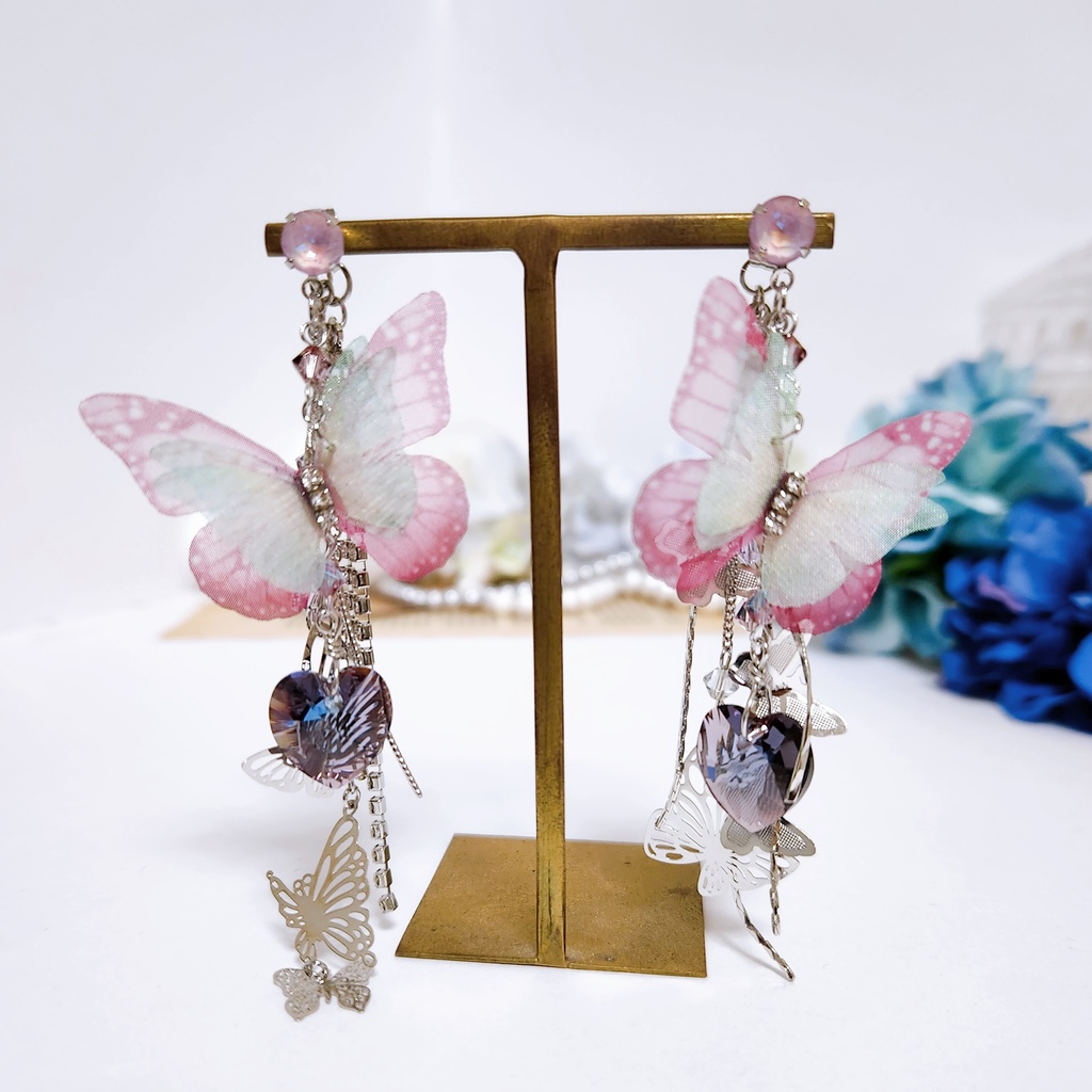 【紅花 - 約束 -】ビジュー&蝶々 3way チェーンピアス -Silver ver.-