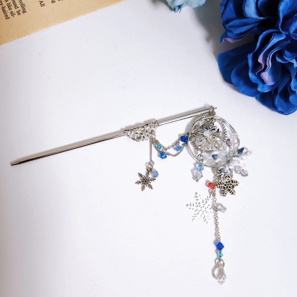 《★再販!!》【羅針】雪の結晶&ビジューチェーンのかんざし -簪 ver.-