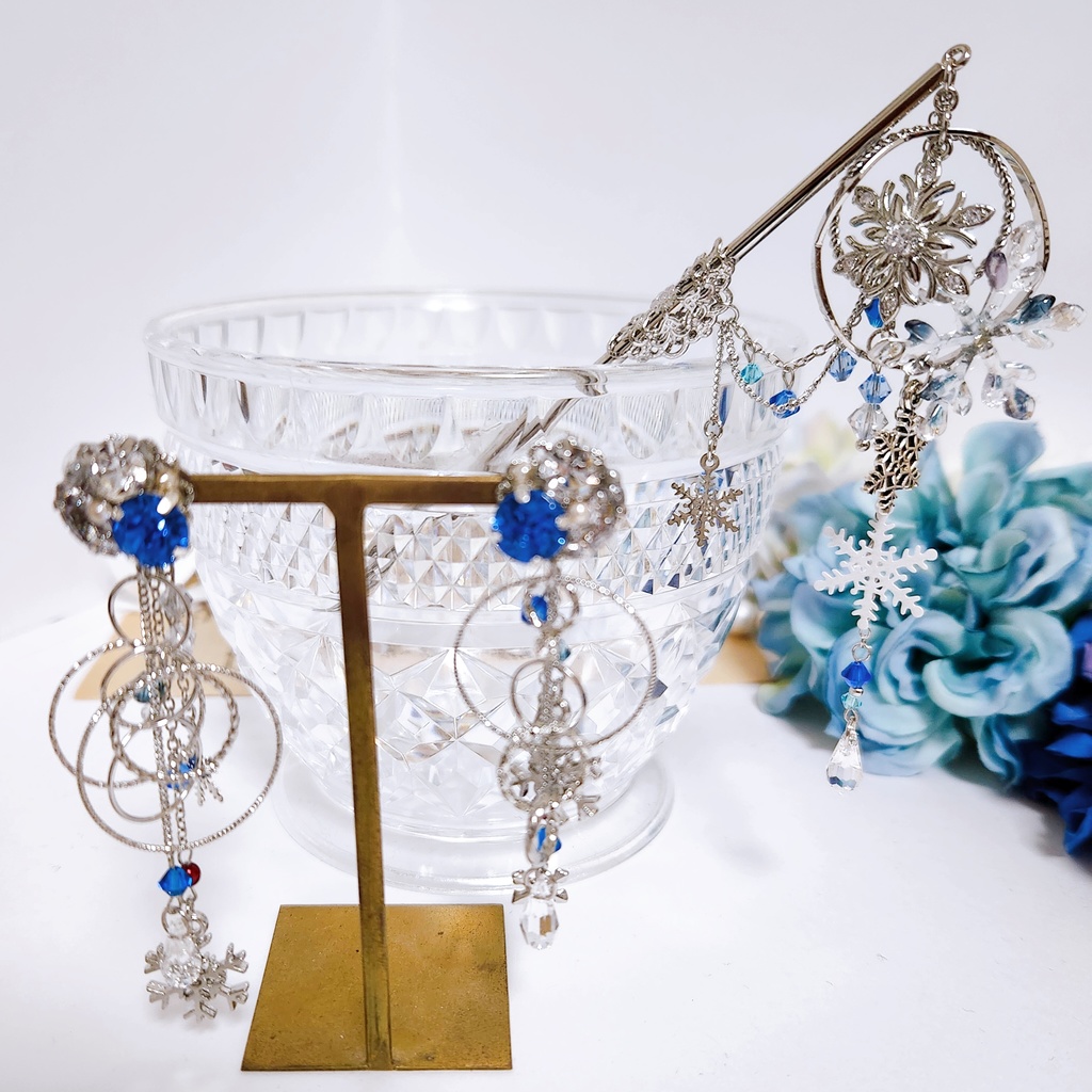 《★再販!!》【羅針】雪の結晶&ビジューチェーンのかんざし -簪 ver.-