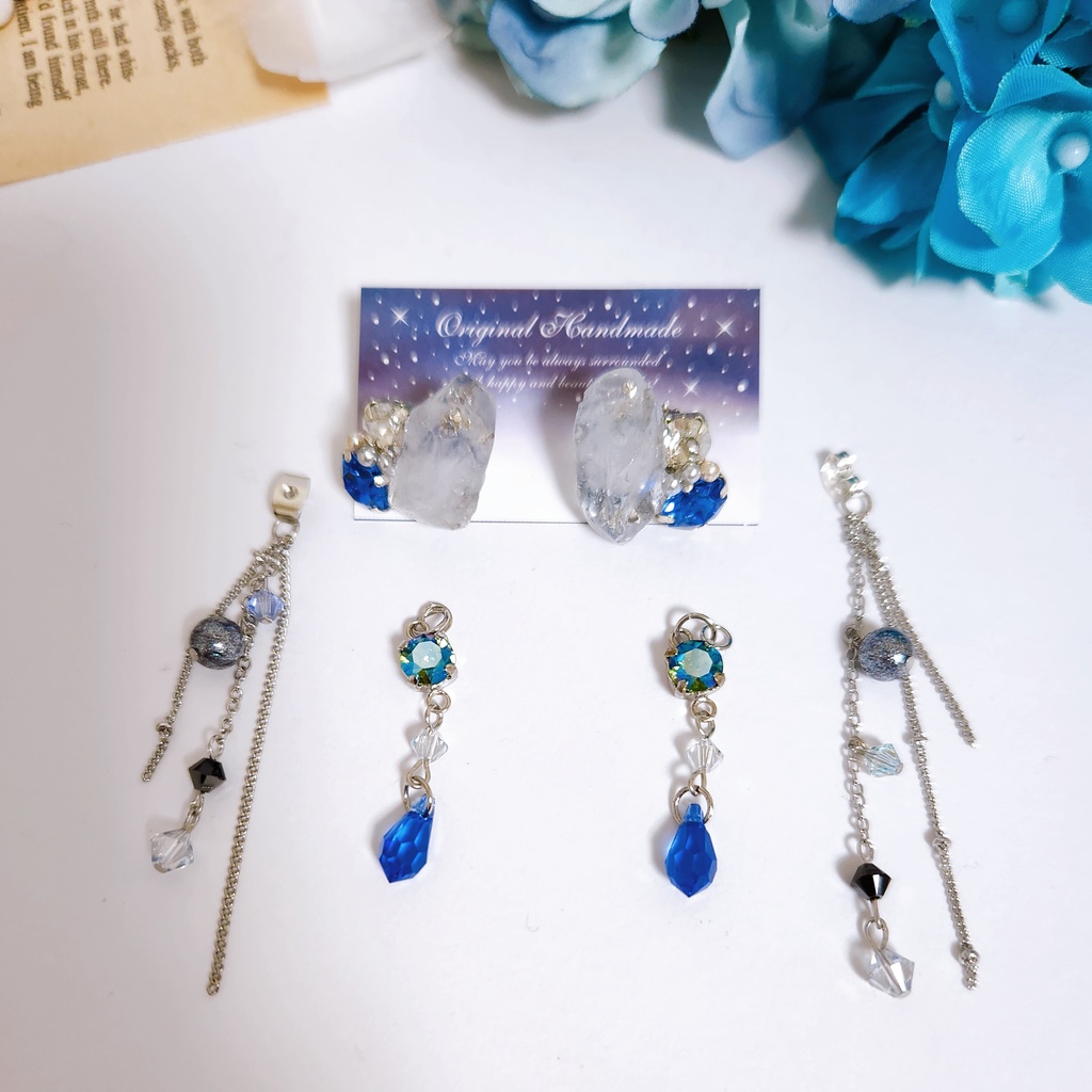 【伯仲】氷の鉱石風 ビジューチェーン 3wayピアス