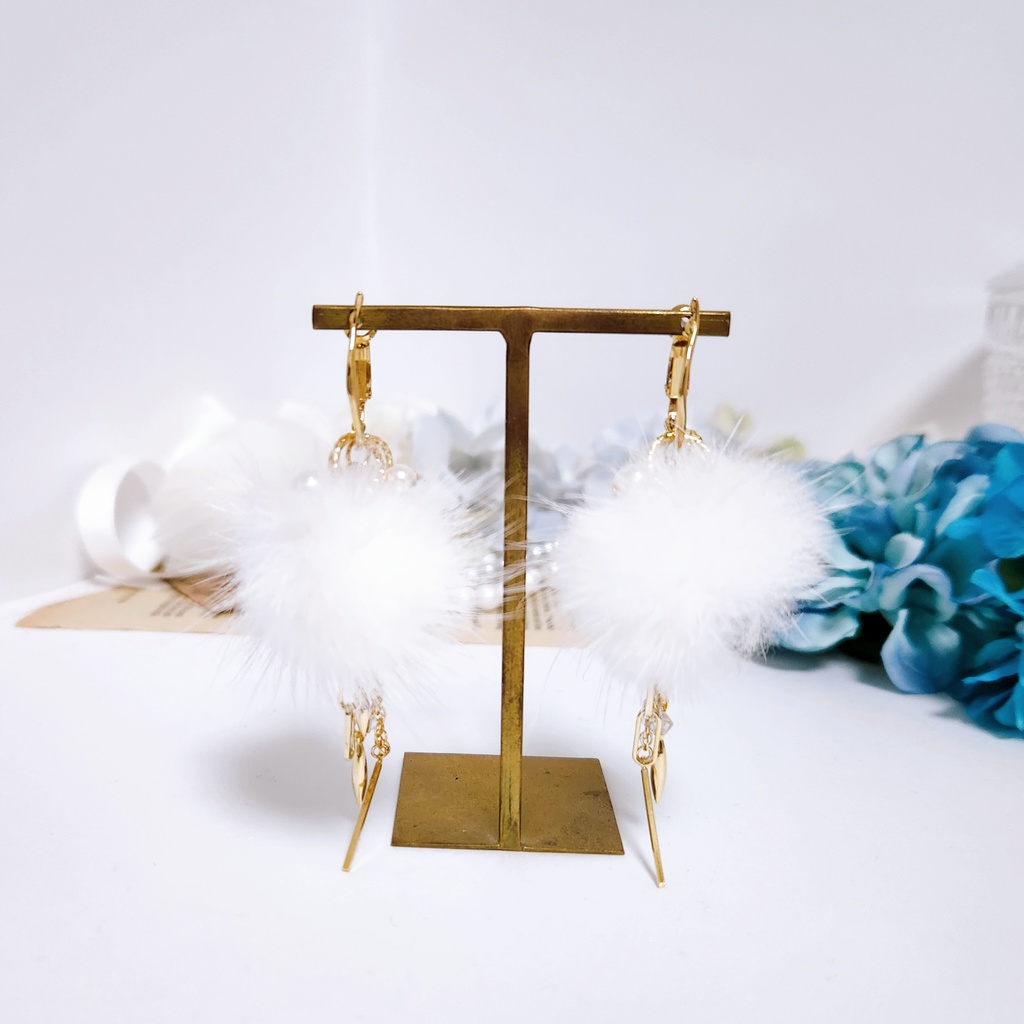 【白鶴 -白雪-】フープチェーン ファー付き4wayピアス -pierce ver.-