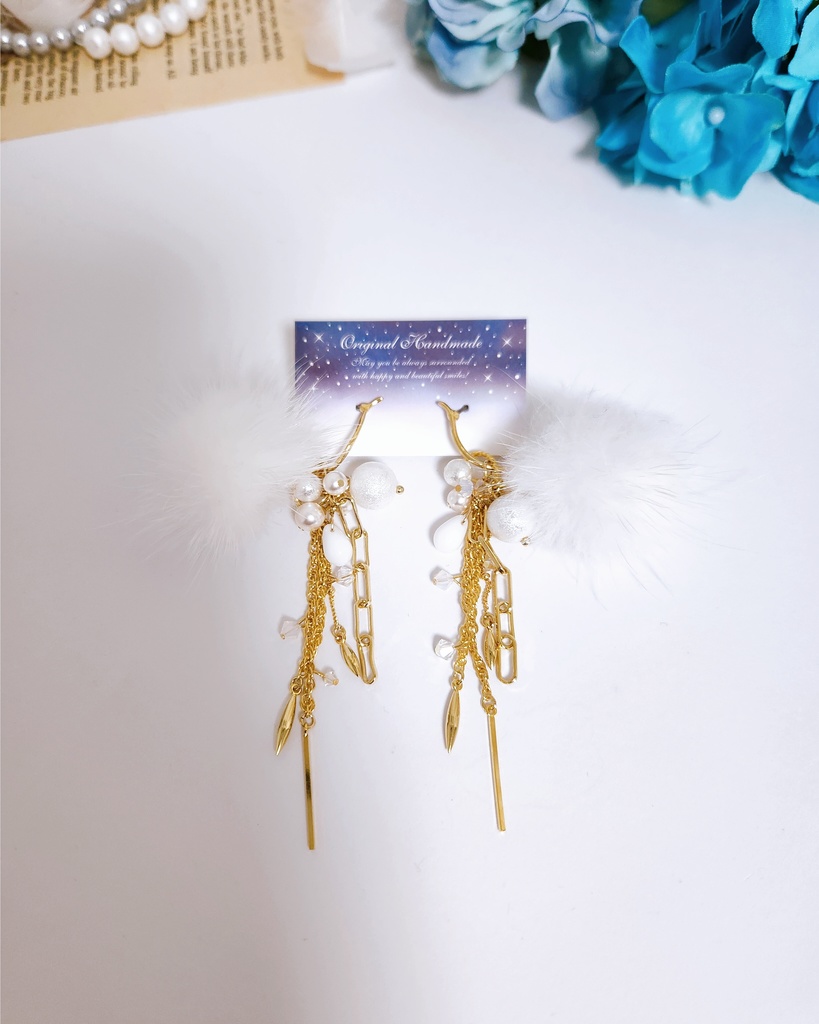 【白鶴 -白雪-】フープチェーン ファー付き4wayピアス -pierce ver.-