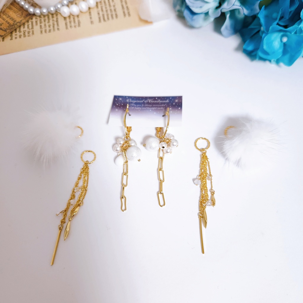 【白鶴 -白雪-】フープチェーン ファー付き4wayピアス -pierce ver.-