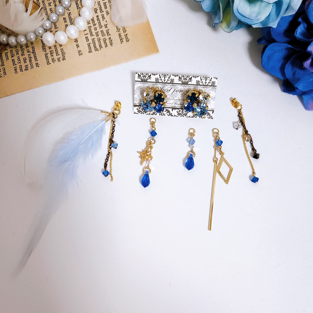 【凛冽なる輪舞】ビジュー&フェザー チェーン 4wayピアス