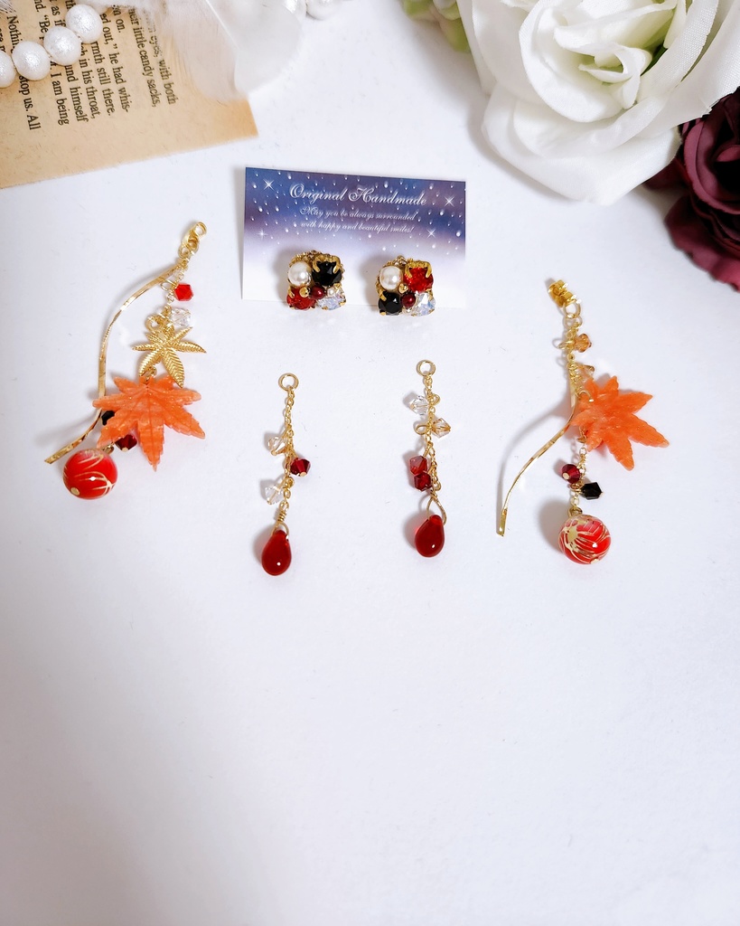 《★再販!!》【辻風】ビジュー&紅葉チャームチェーン 4wayピアス