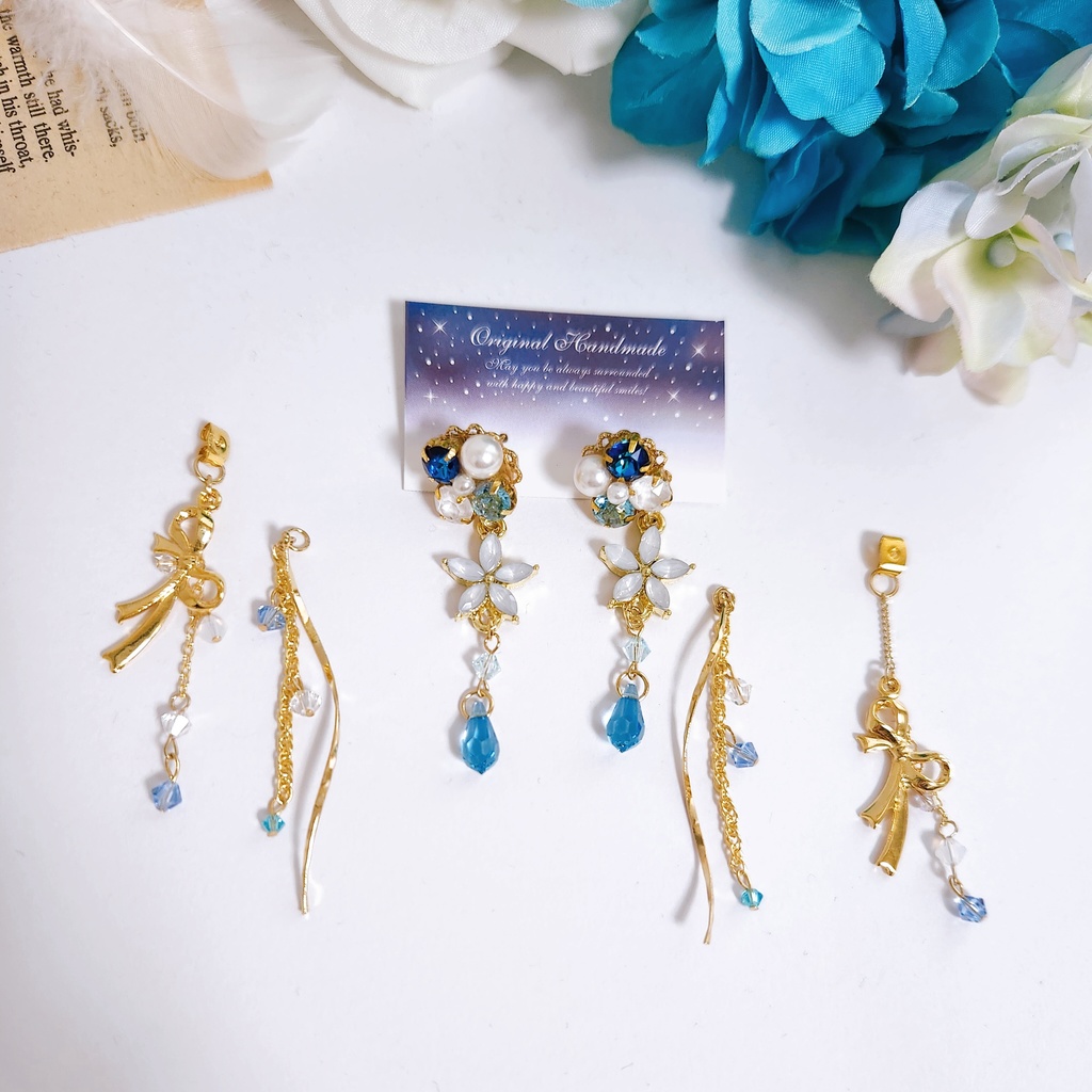 【鏡花】ビジューチェーン 3wayピアス