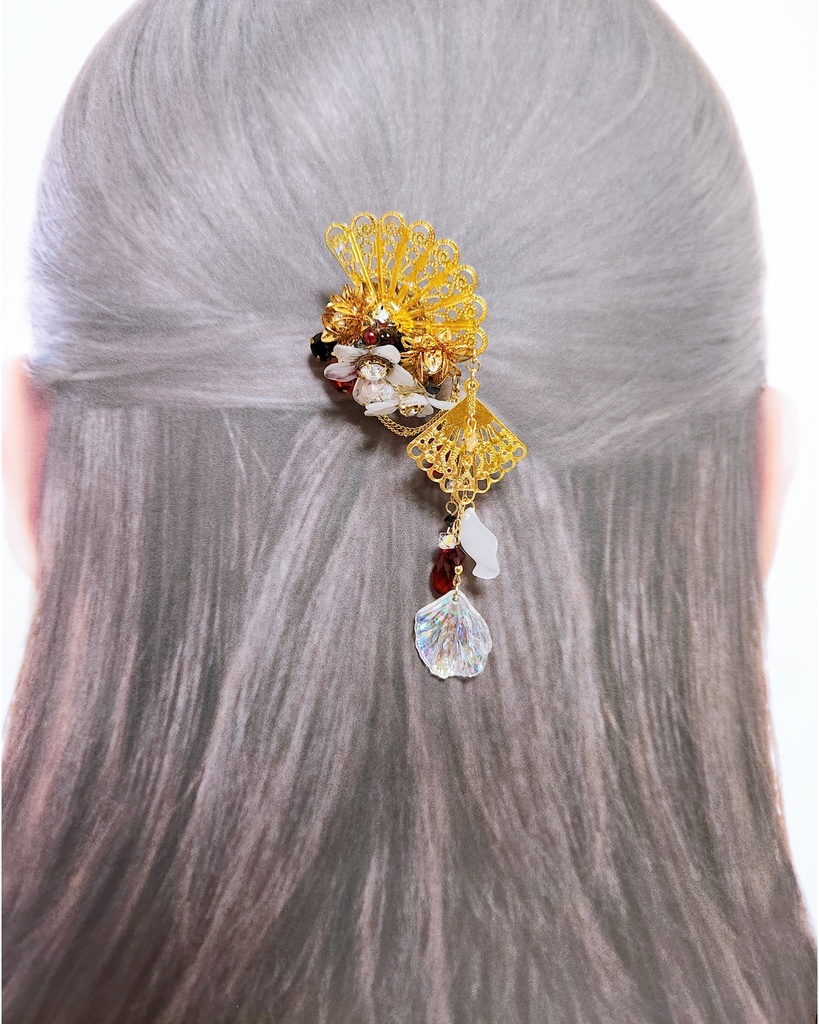 【万世極楽教】ビジューフラワー&ダブル扇子チャーム髪飾り ‐ポニーフック ver.‐