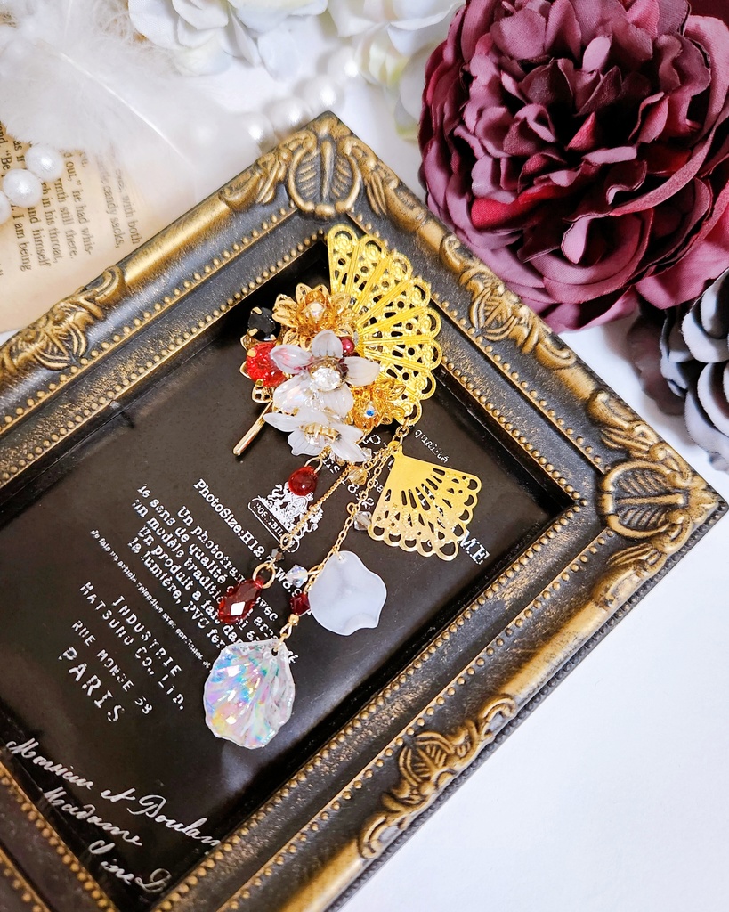 【万世極楽教】ビジューフラワー&ダブル扇子チャーム髪飾り ‐ポニーフック ver.‐