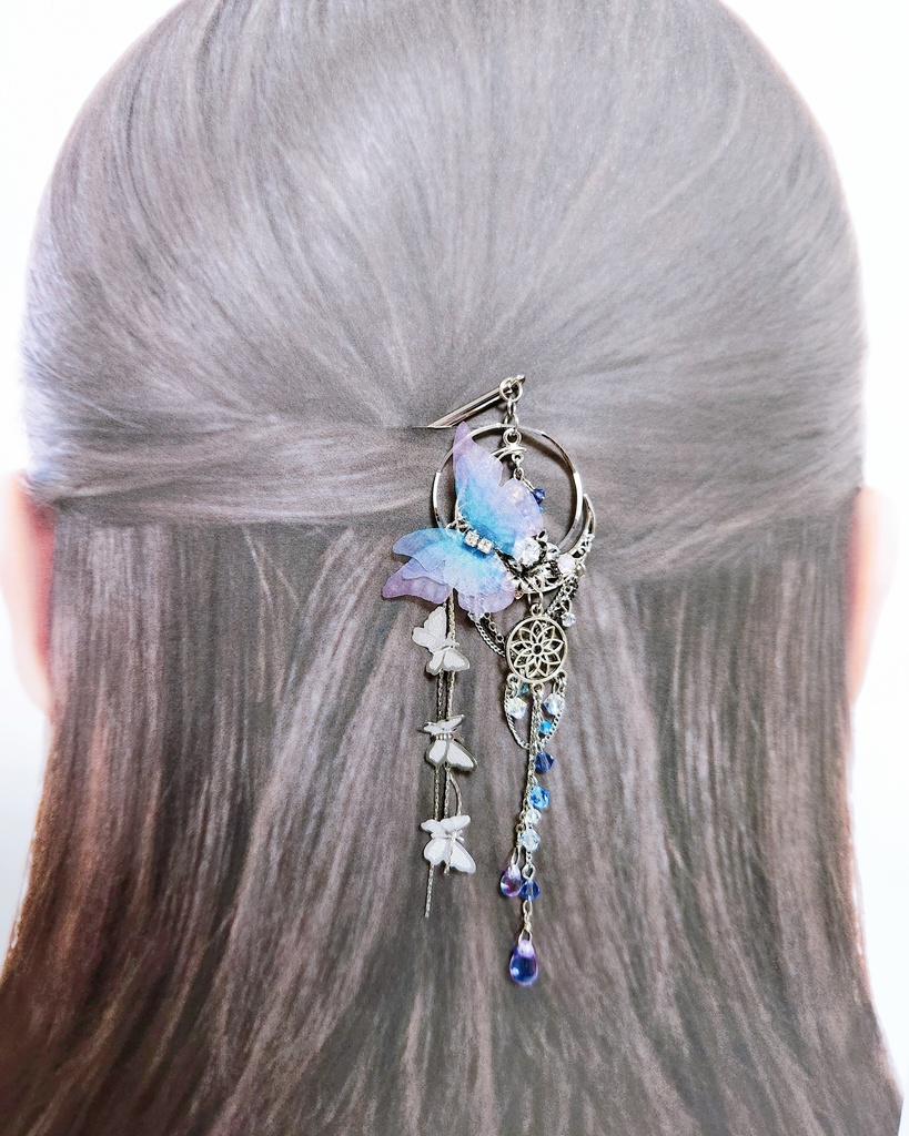 【月夜 -羽ばたき-】蝶々シフォン&蓮の花チャームのかんざし -童しのver.-