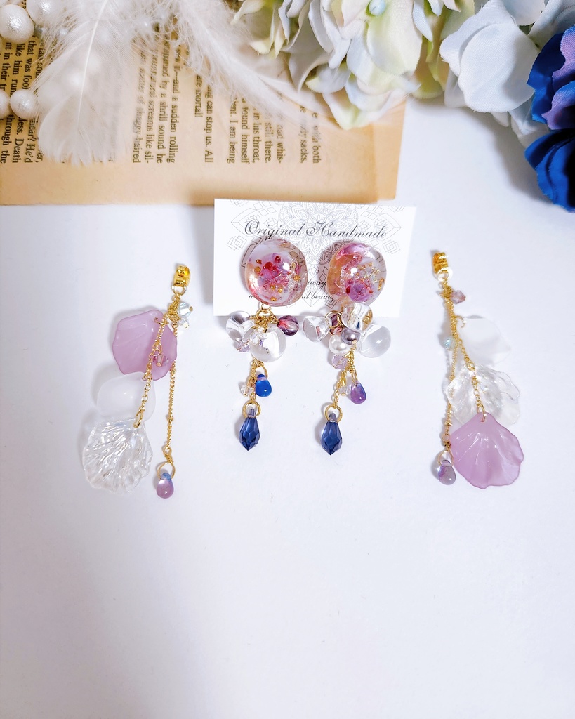 【千紫万紅】鉱石風カボション&フラワーチェーン 2wayピアス