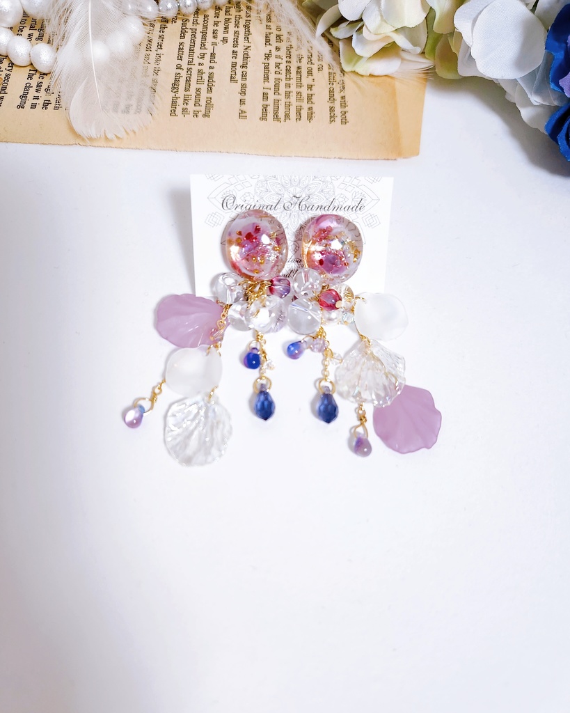 【千紫万紅】鉱石風カボション&フラワーチェーン 2wayピアス