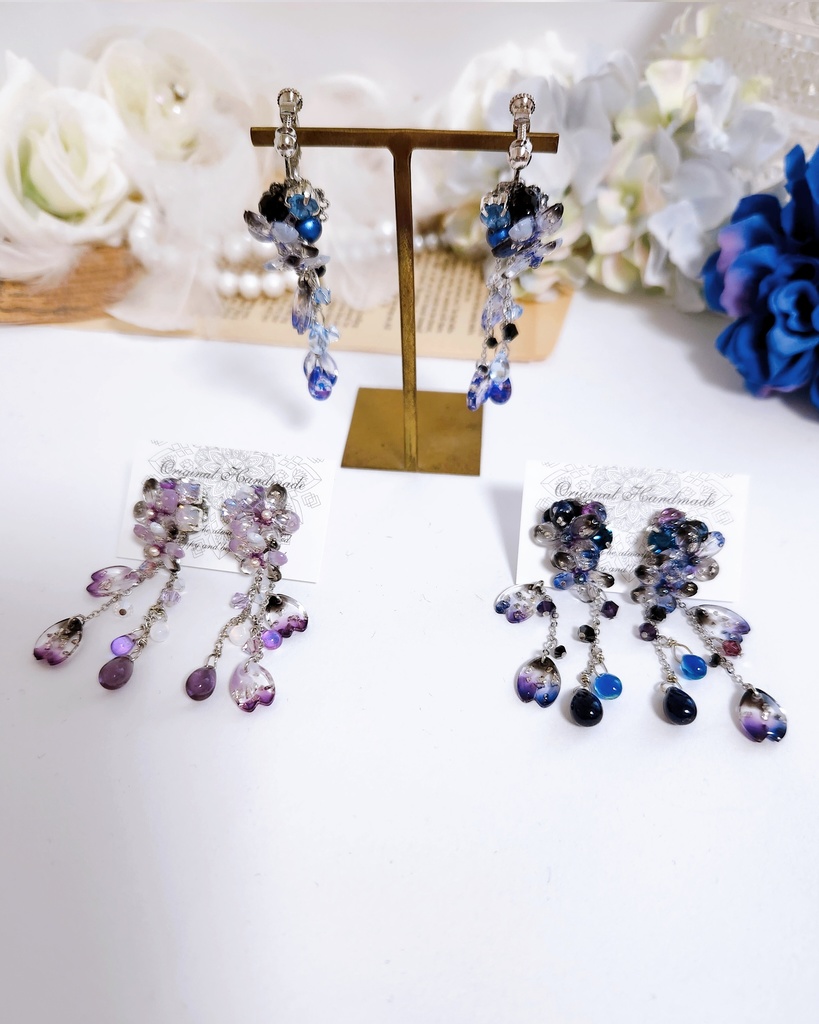 【桜花 -江戸三作-】桜レジン&ビジュー 2wayチェーンピアス